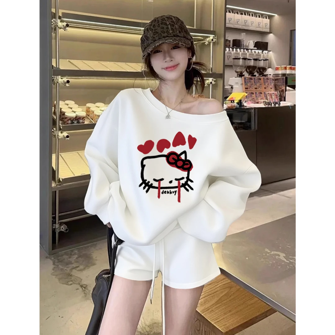 hellokitty白色斜肩卫衣女2025新款绝美巨好看韩系休闲爆款上衣