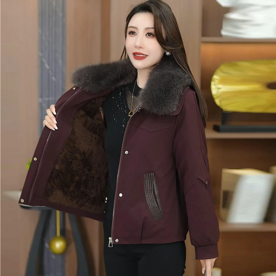 LW现货加绒加厚收腰短款外套女2025冬新款时尚保暖大毛领派克服