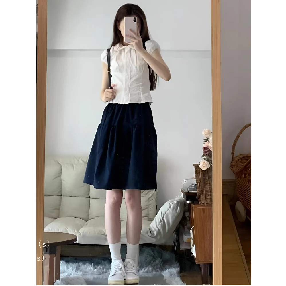 韩系穿搭藏青色半身裙小个子夏季新款高腰显瘦短裙带安全裤A字裙