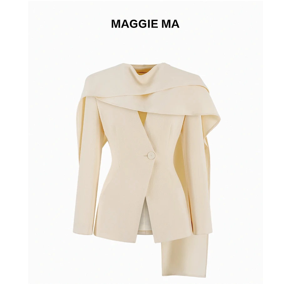 欧若风MAGGIE MA马婧米白色温柔知性气质修身通勤西装外套女026C