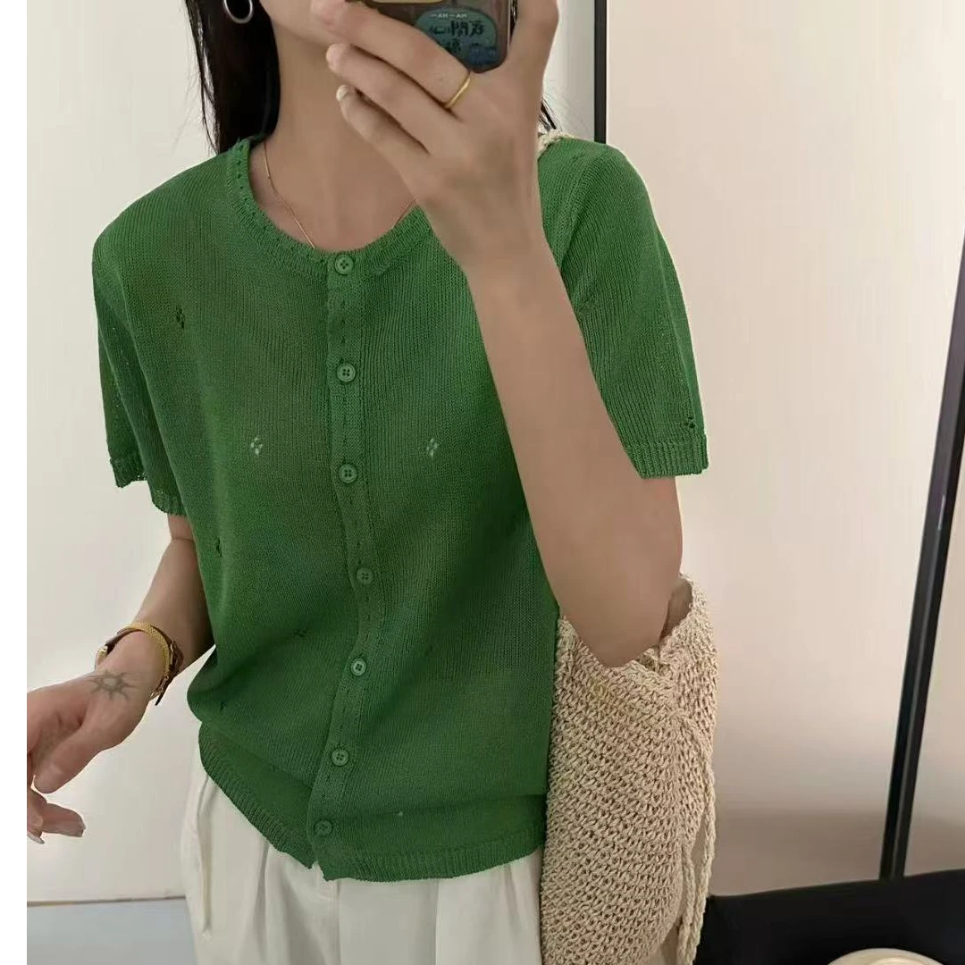 天丝亚麻短袖开衫镂空夏季圆领针织毛爪花工艺百搭显瘦T恤