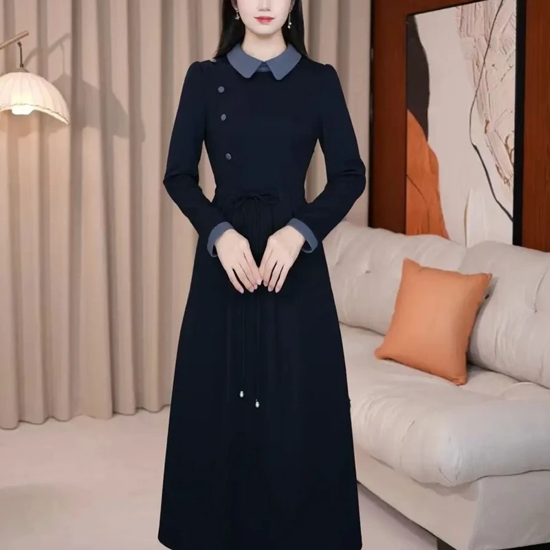 气质长袖时尚藏蓝色法式收腰秋季显瘦气质长袖时尚女装6092#