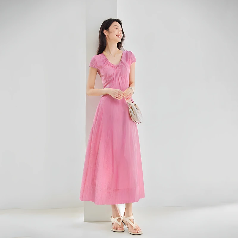 IC法式轻熟极简风亚麻混纺连衣裙女气质显瘦收腰长裙