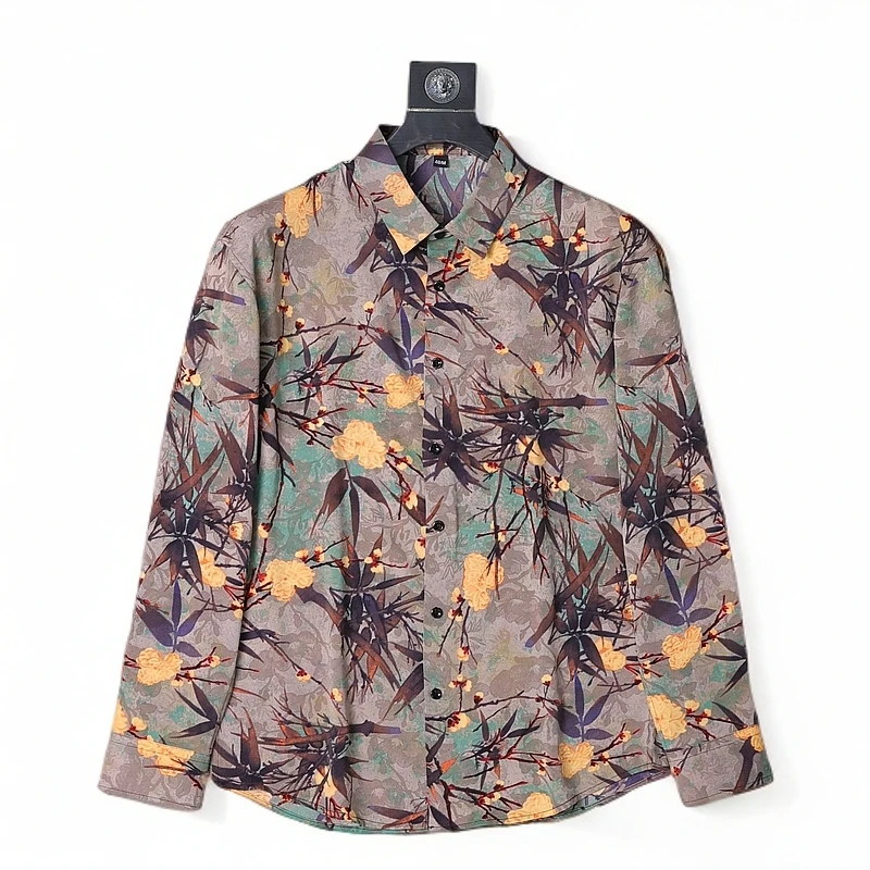 2025新款国风复古男士高端数码印花休闲高品质花衬衫垂感长袖衬衣