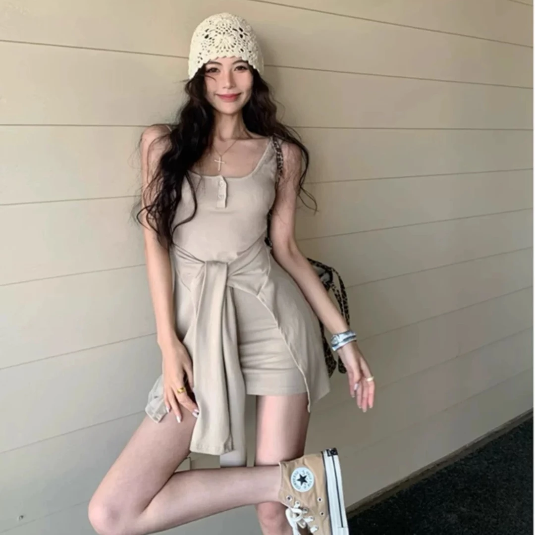 法式假两件打结吊带连衣裙女2025夏季新款辣妹纯欲包臀裙[葡萄13]