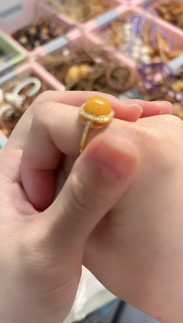 手串蜜蜡银S925镶嵌蜜蜡方糖戒子（7865）