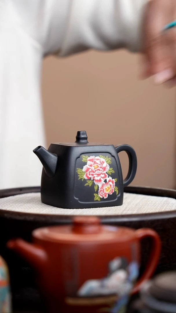 茶壶紫砂云雾天青四方汉铎泥绘牡丹