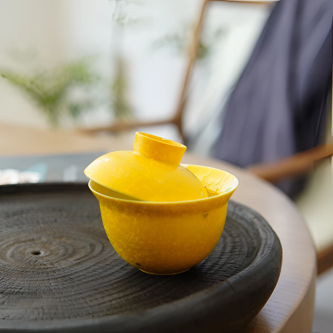 亘古焦糖釉黄牡丹手绘釉下彩茶具二才盖碗分茶内绘泡茶旅行便携式