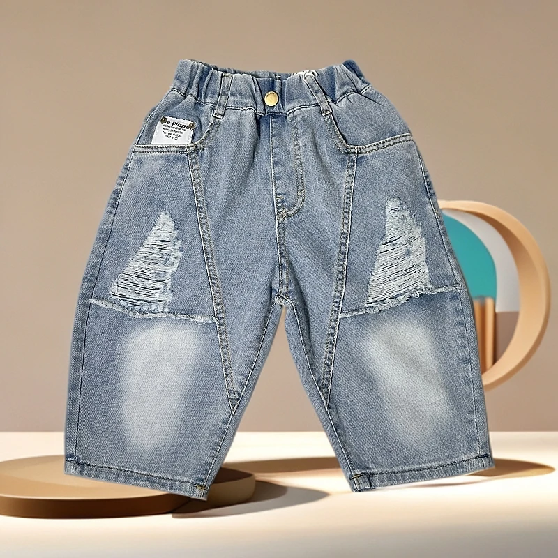 韩版儿童破洞牛仔裤夏季潮流男童休闲百搭宽松裤子10岁男孩牛仔裤