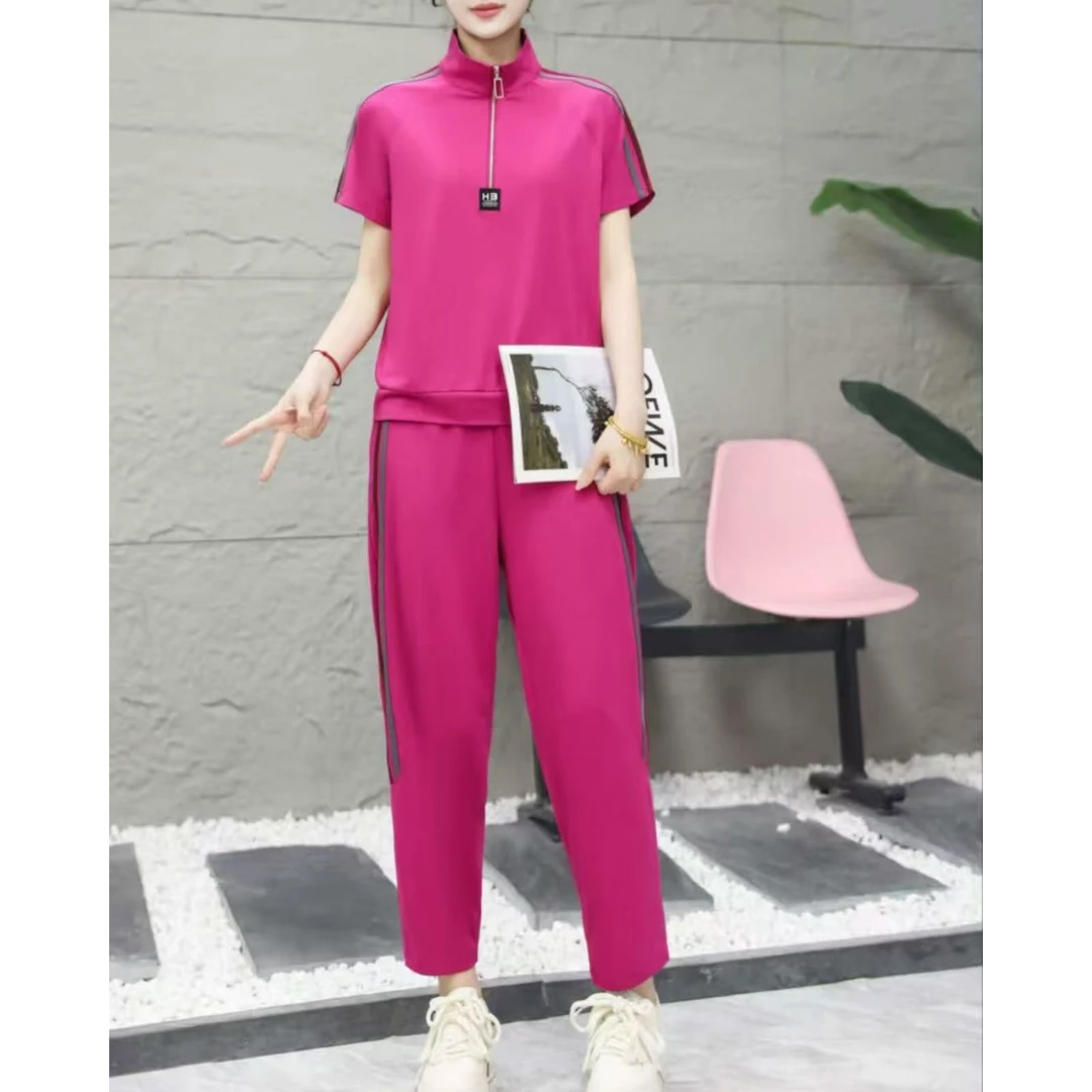 小施家时尚运动款冰爽垂感半拉链显瘦八九分裤套装8870