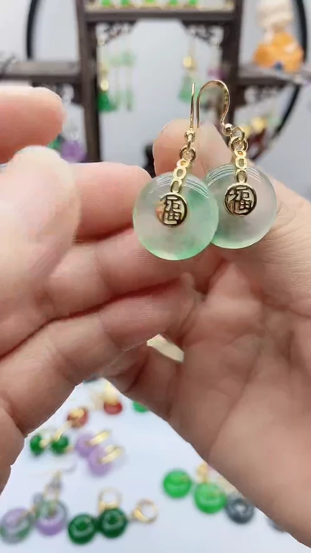 石英质玉（非洲翠）14K金镶嵌耳饰318