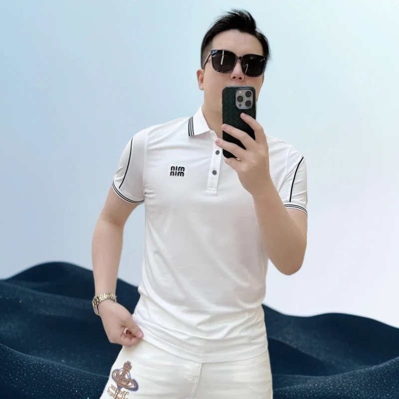 巴赛娜缇新款潮牌条纹字母徽章商务短袖POLO衫男时尚修身翻领T潮