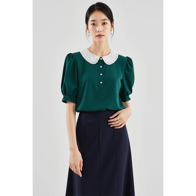 【小陈甄选】欧若风85921035祖母绿衬衫女七分袖气质时尚小众法式