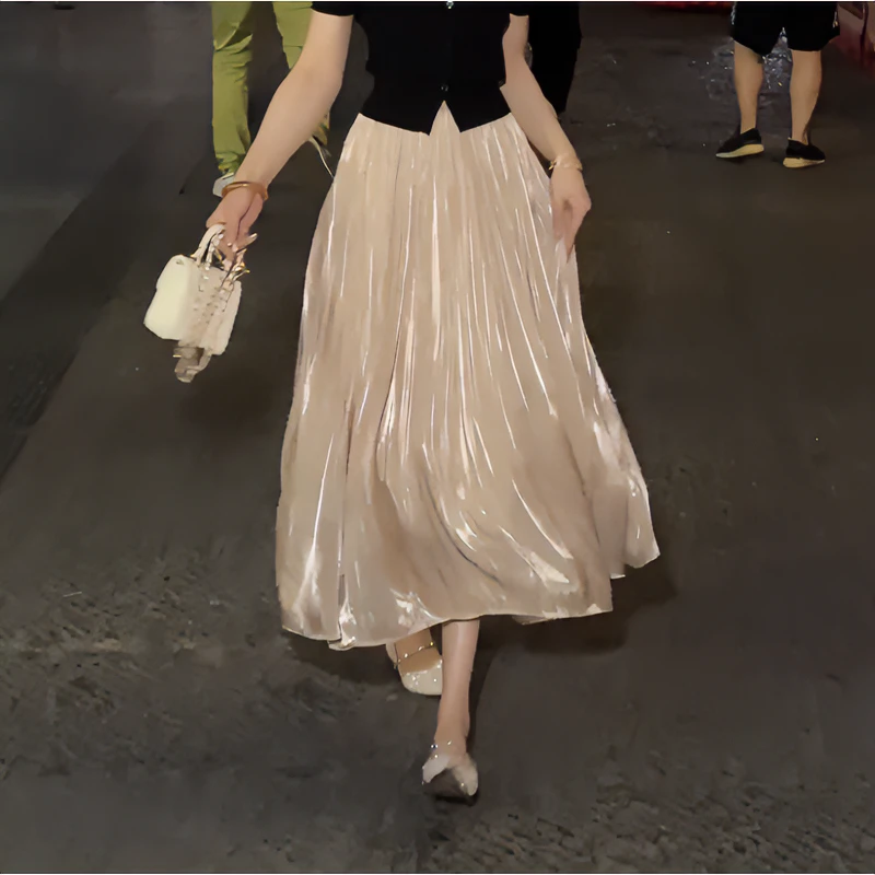 蔡小姐冰冰凉垂感半身裙女法式夏季气质高腰褶皱宽松琉璃冰丝裙子