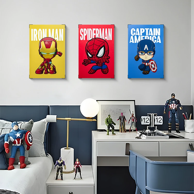 创意卡通人物三联装饰画蜘蛛侠钢铁侠男生卧室儿童房背景墙画4060