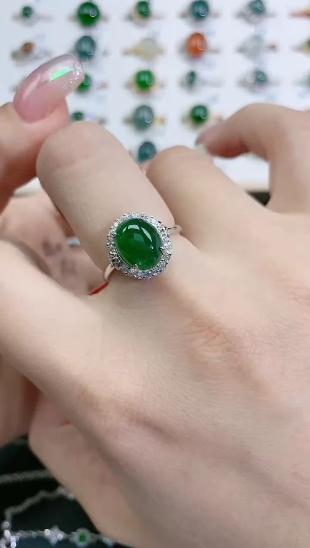 翡翠戒指银S925镶嵌天然翡翠