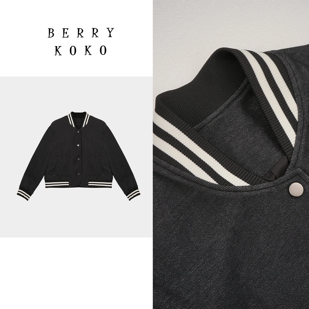 秋冬美式时髦经典复古撞色休闲羊毛牛仔棒球服外套宽松百搭HB12