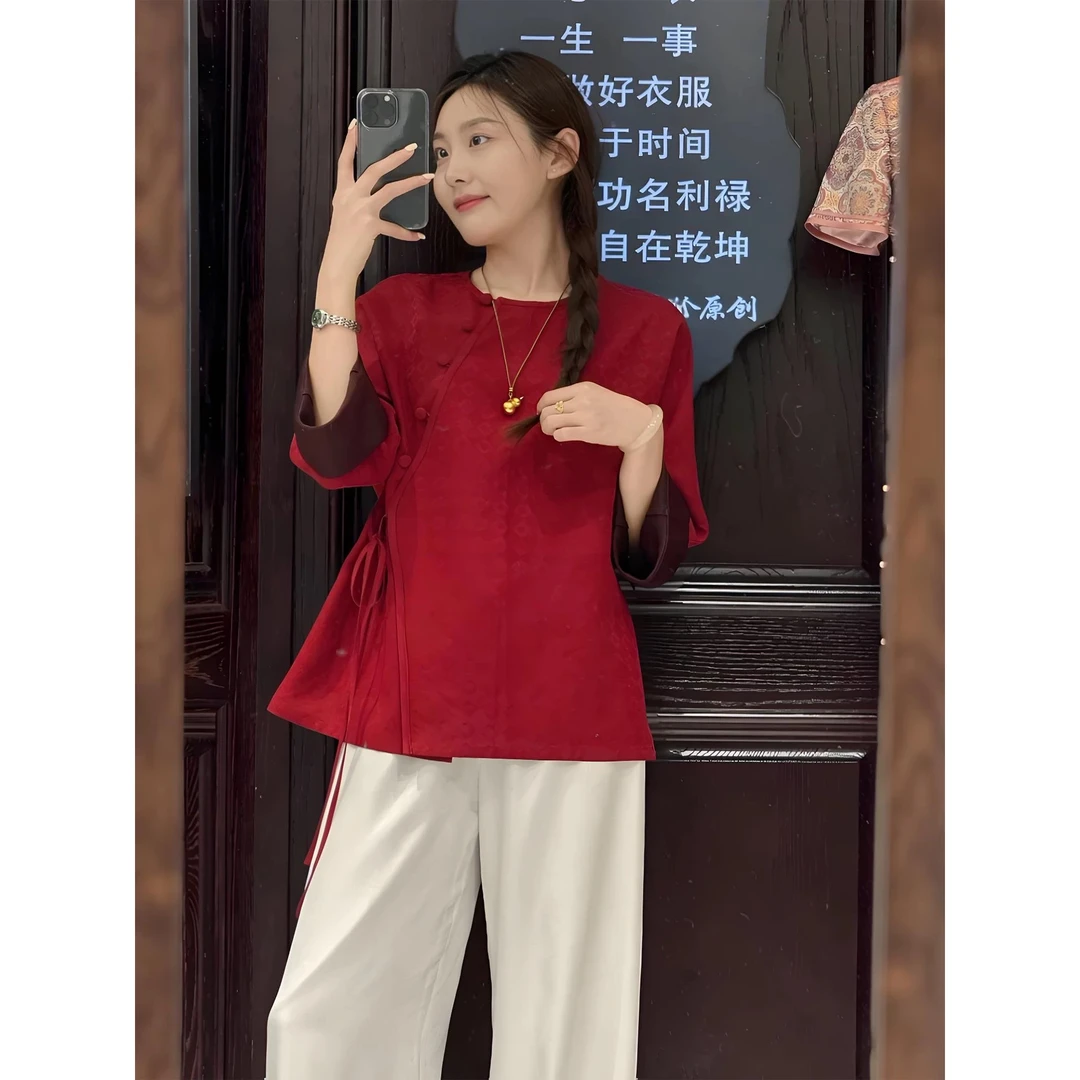 复古国风新中式红色提花上衣女秋季2025新款圆领斜襟改良日常汉服