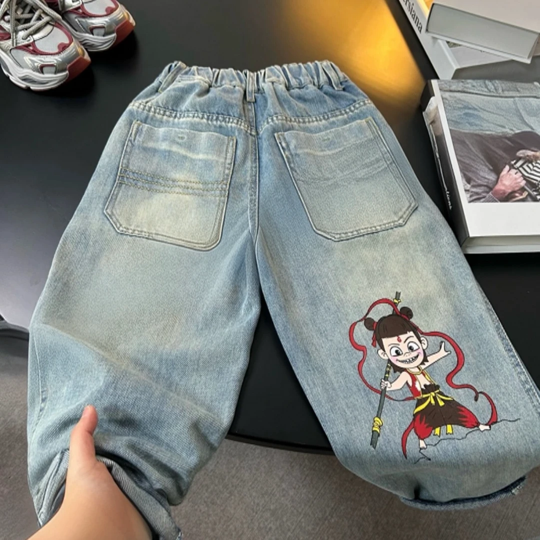哪吒春季中性中腰B类 长裤牛仔裤夏季破洞童装宽松牛仔裤