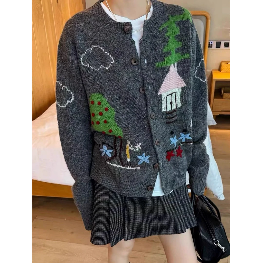 早春新款韩版针织衫外套女士潮流百搭重工刺绣单排扣宽松长袖开衫