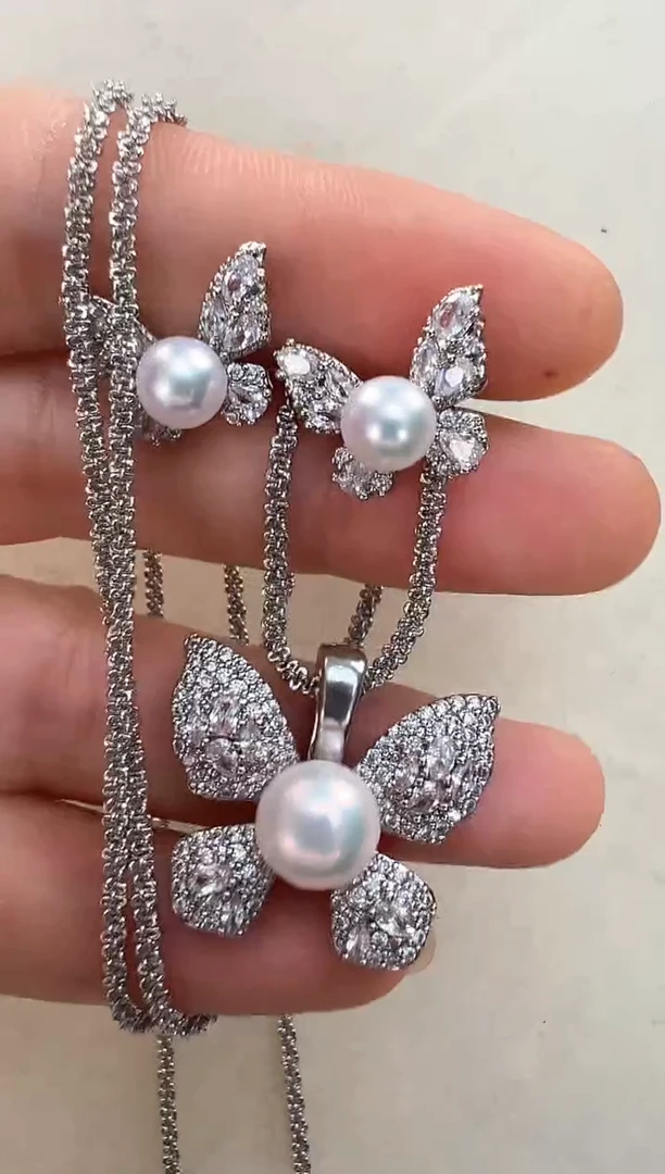 【闪购商品】淡水珍珠耳饰合金银色蝴蝶套装