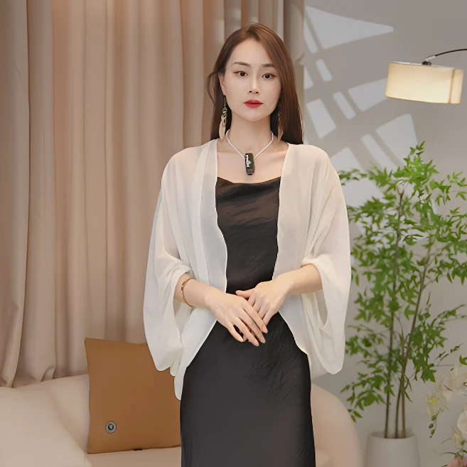 无袖纯色学院风尖领短款去乔其纱开衫米杏色气质开衫女士外搭休闲