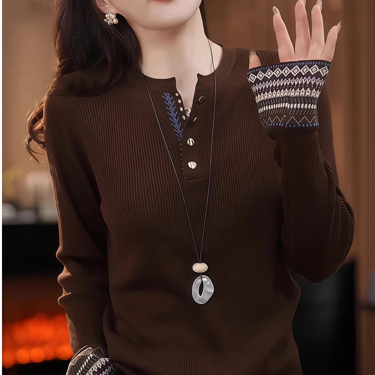 轻熟风小众不撞款长袖时尚民族风袖口拼接提花针织衫修身款毛衣