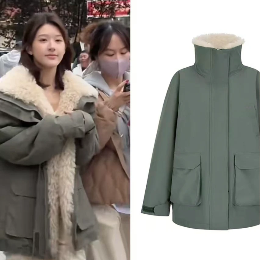 2024冬恋人露思同款新款工装派克服中长款毛毛拼接棉服外套