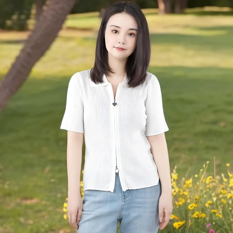 【玖】夏季修身薄款双头爱心拉链短袖开衫针织衫-JZ1880