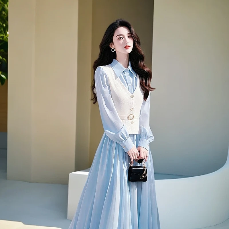 早春穿搭一整套漂亮女装韩系小香风浅蓝色连衣裙搭配马甲套装