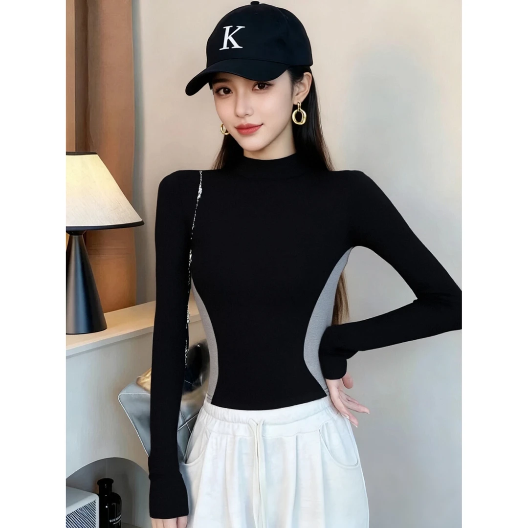 黑色半高领打底衫女秋冬内搭长袖2025年新款拼色收腰螺纹薄款上衣