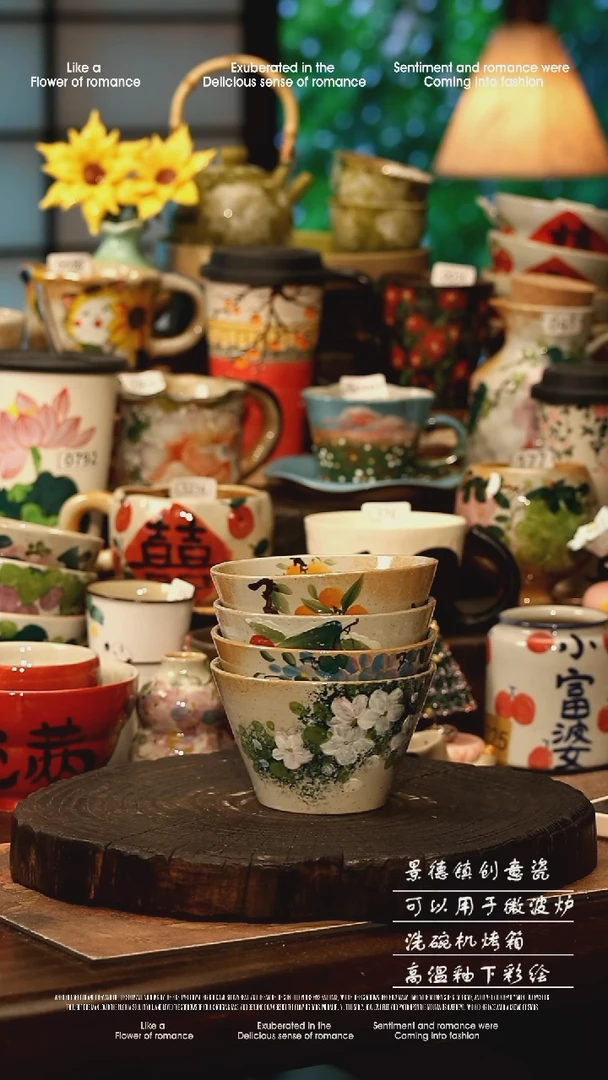 陶瓷四件套景德镇高温釉下彩手工手绘款式