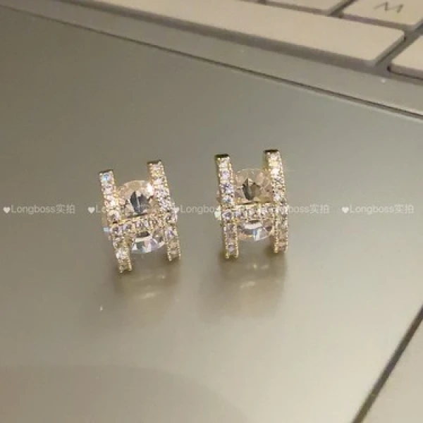 铜合金耳饰 合金无非金属耳饰法式闪钻S925银H字母气质耳环D 022