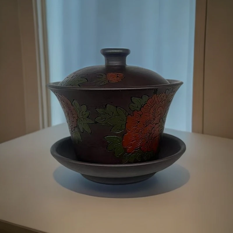 宜兴精美创意自创倾城紫茄泥盖碗约200cc