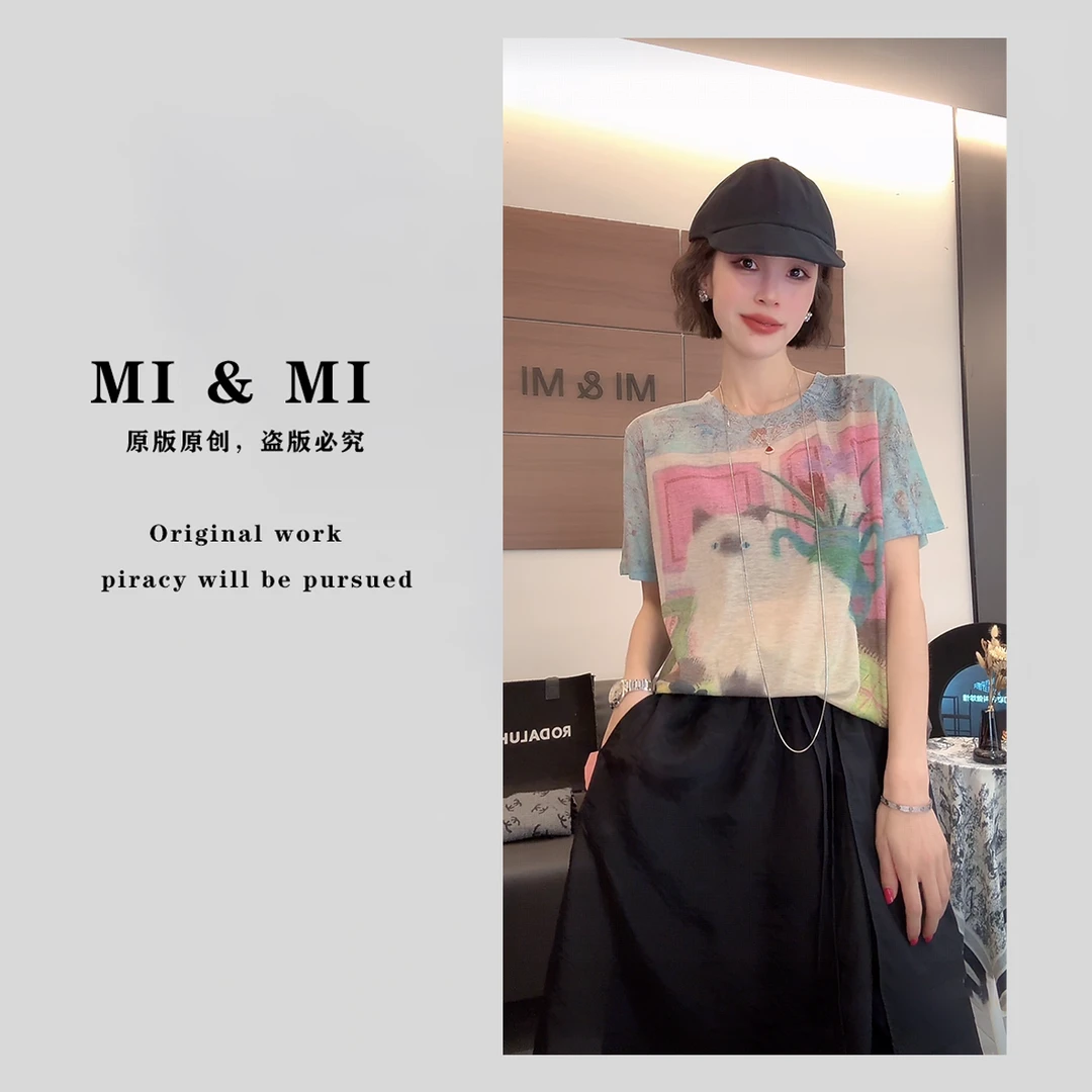 【米米私服】猫咪印花复古油画风圆领短袖T恤透气 2502-177