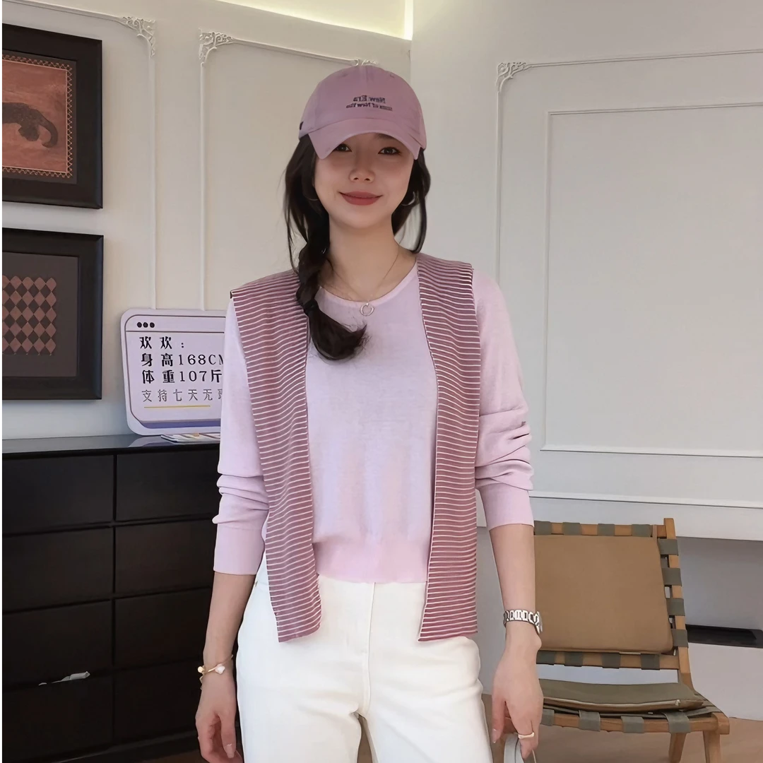 【YHH】春季时尚潮流气质撞色条纹披肩连帽针织衫-YHW50018