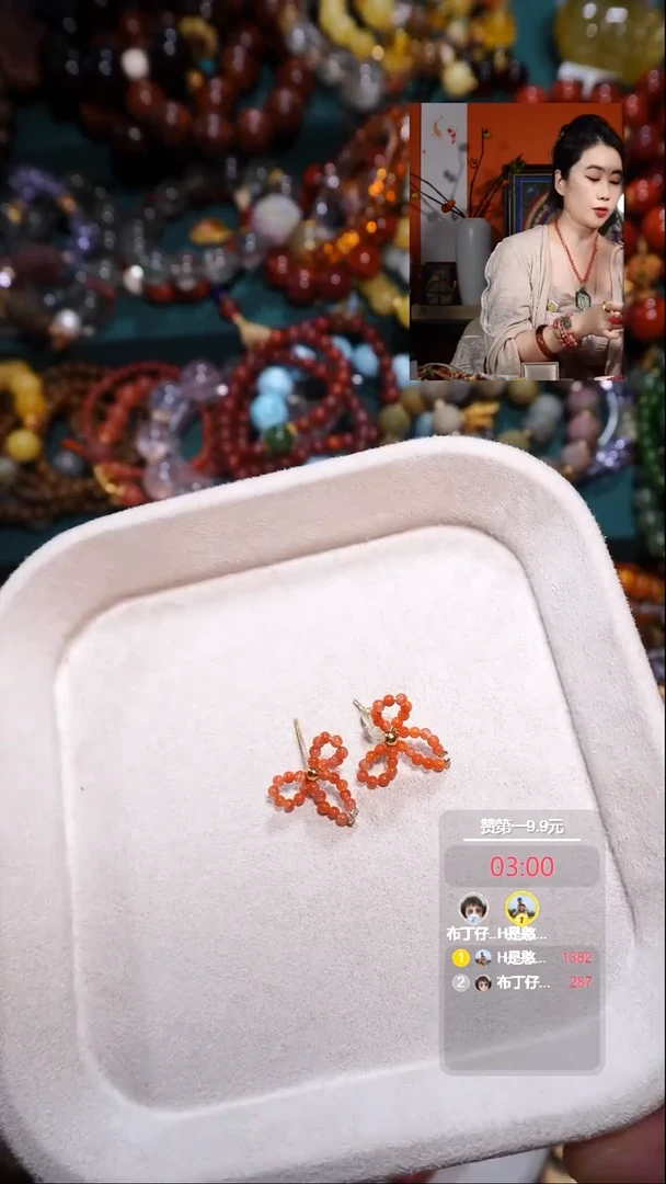 银S925镶嵌南红玛瑙耳饰H**憨耳钉