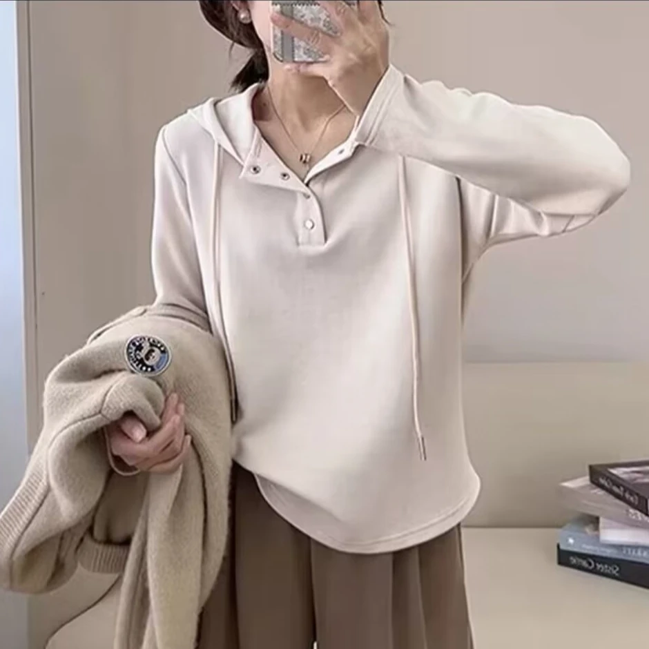 大码女装春季洋气显瘦连帽打底衫时尚休闲百搭宽松长袖带帽上衣