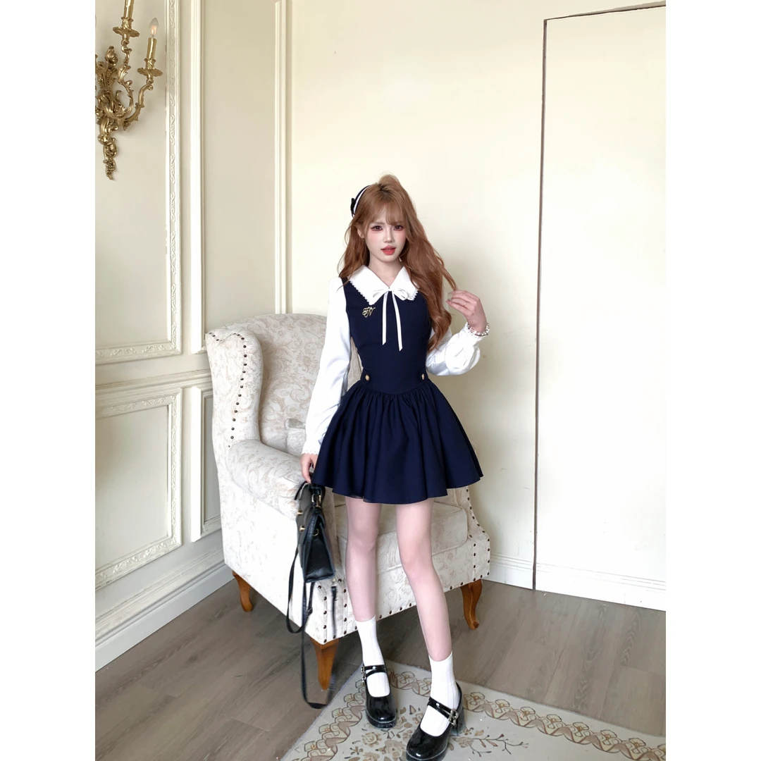 越韩小鱼 miu系学姐长袖版 法式学院风假两件连衣裙显瘦甜美短裙