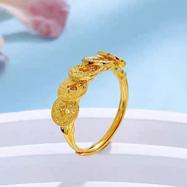 【小鹏黄金】足金999镂空碎碎冰五帝币招财5G工艺戒指3.95 3.99