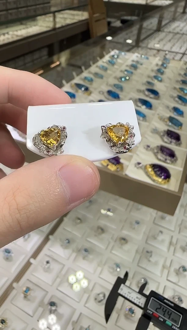 银S925镶嵌耳饰黄晶耳钉8mm