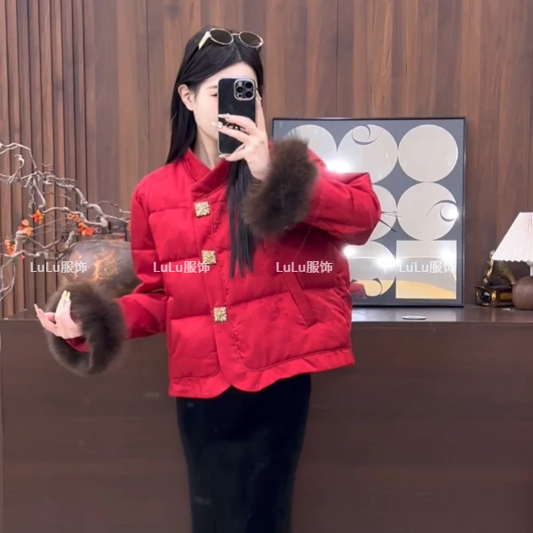 璐璐定制--冬季新款中式国风提花高级感袖口狐狸毛羽绒服