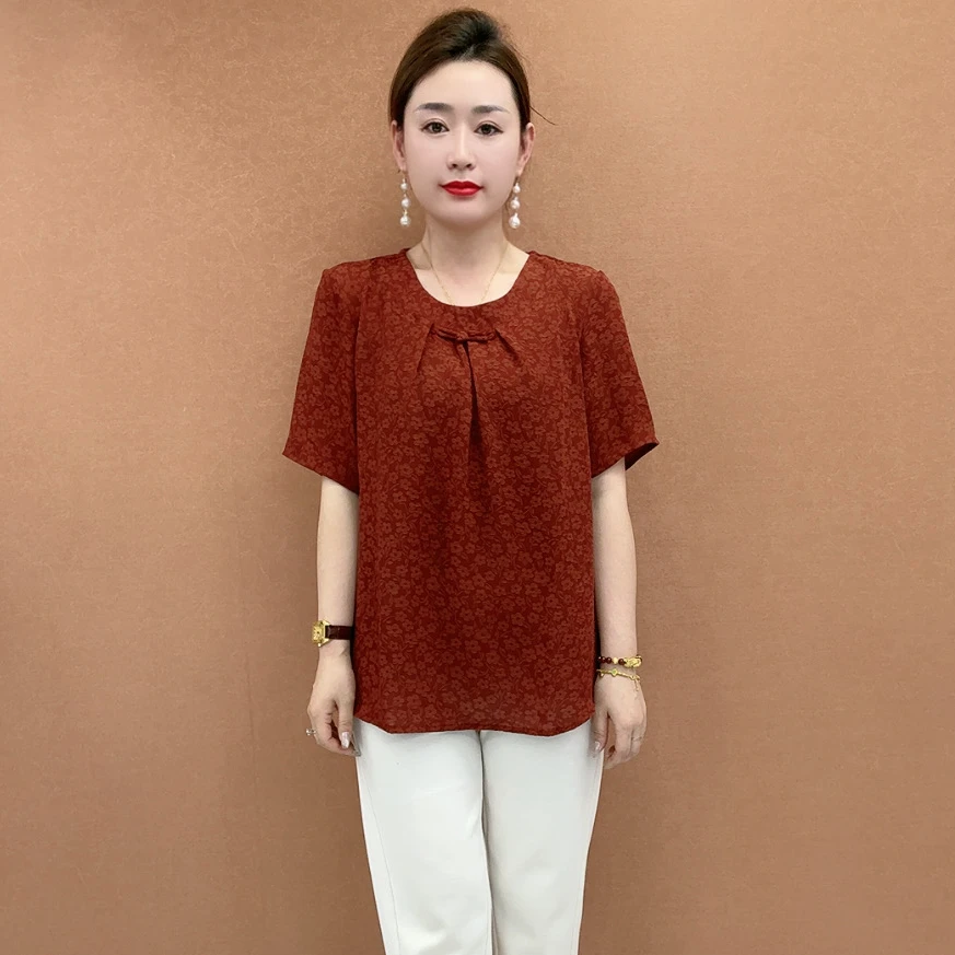 8985夏季新款女士圆领短袖T恤衫宽松大码中老年上衣