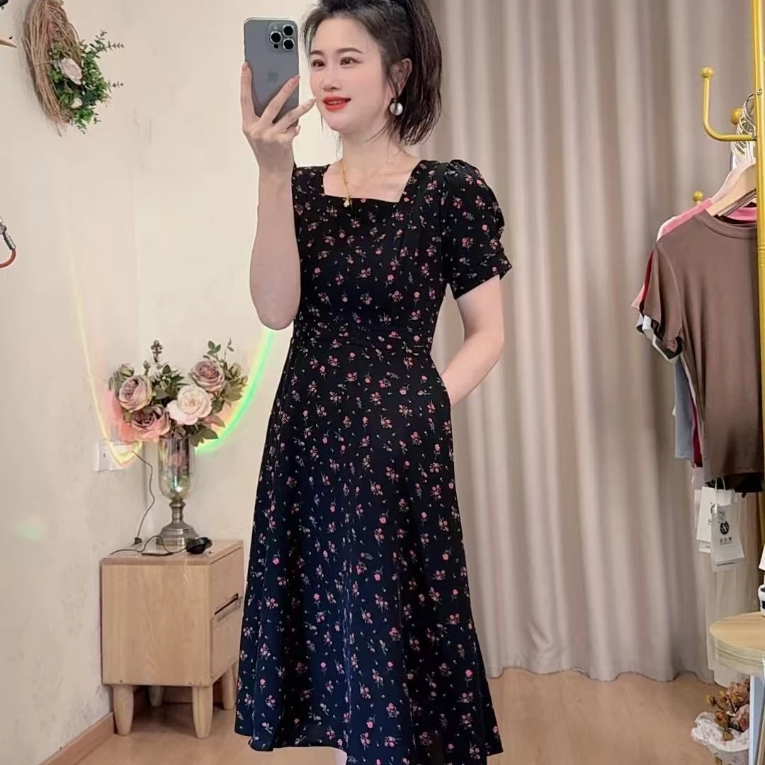 碎花法式口袋连衣裙中长款短袖夏季小个子修身气质新款时尚裙子
