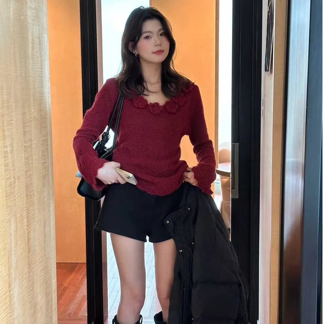 【清仓】内搭外穿都好看毛衣純欲气质立体花朵毛衣设计感喇叭袖小衫