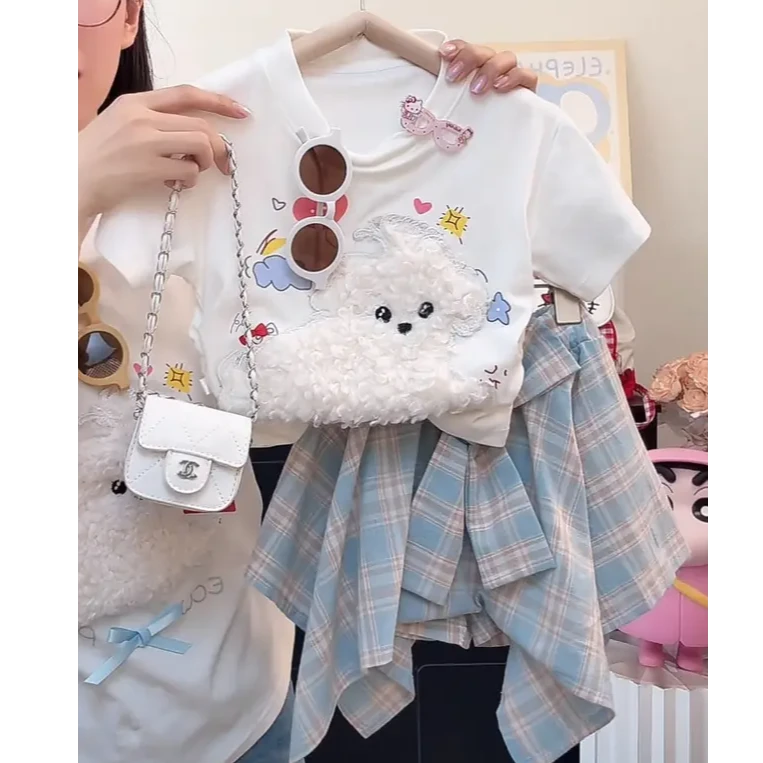 亲子款女童2025年夏季爆款新款洋气卡通短袖上衣格子裙女童套装