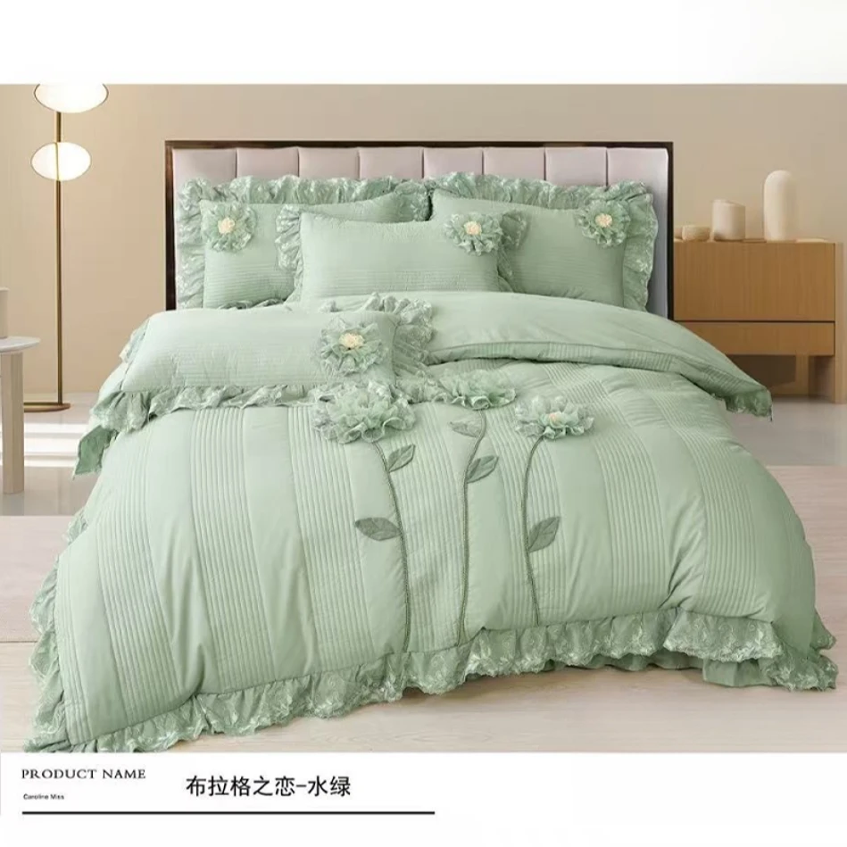 多功能手工订花床盖款四件套纯棉全棉四季通用韩式公主风床上用品