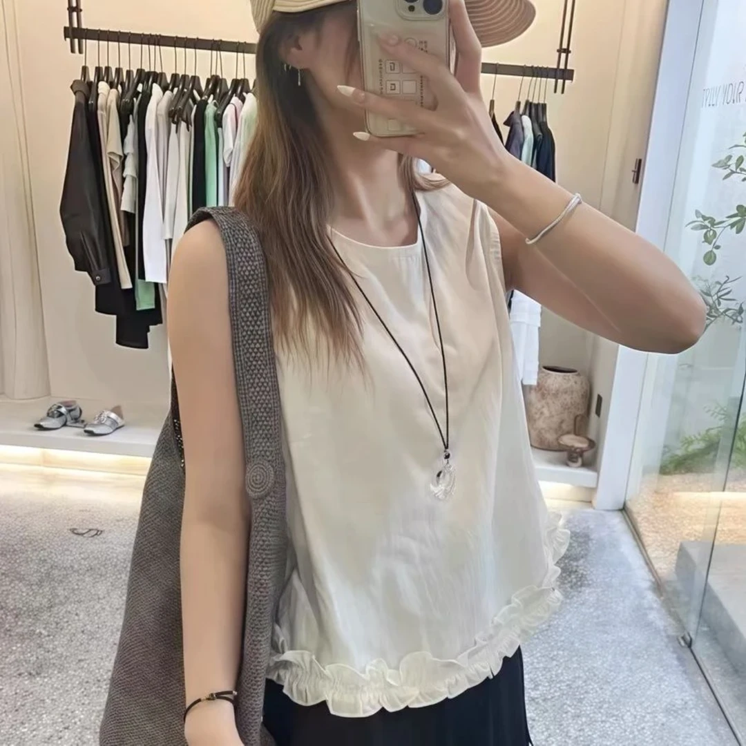 新木耳边下摆设计无袖背心上衣女2025夏季新款纯色百搭显瘦小衫