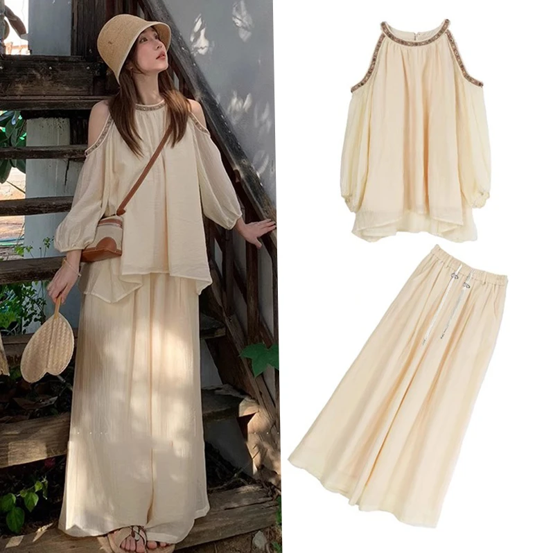 孕妇套装夏季新款度假风清爽透气露肩上衣+猪鼻阔腿裤显瘦两件套