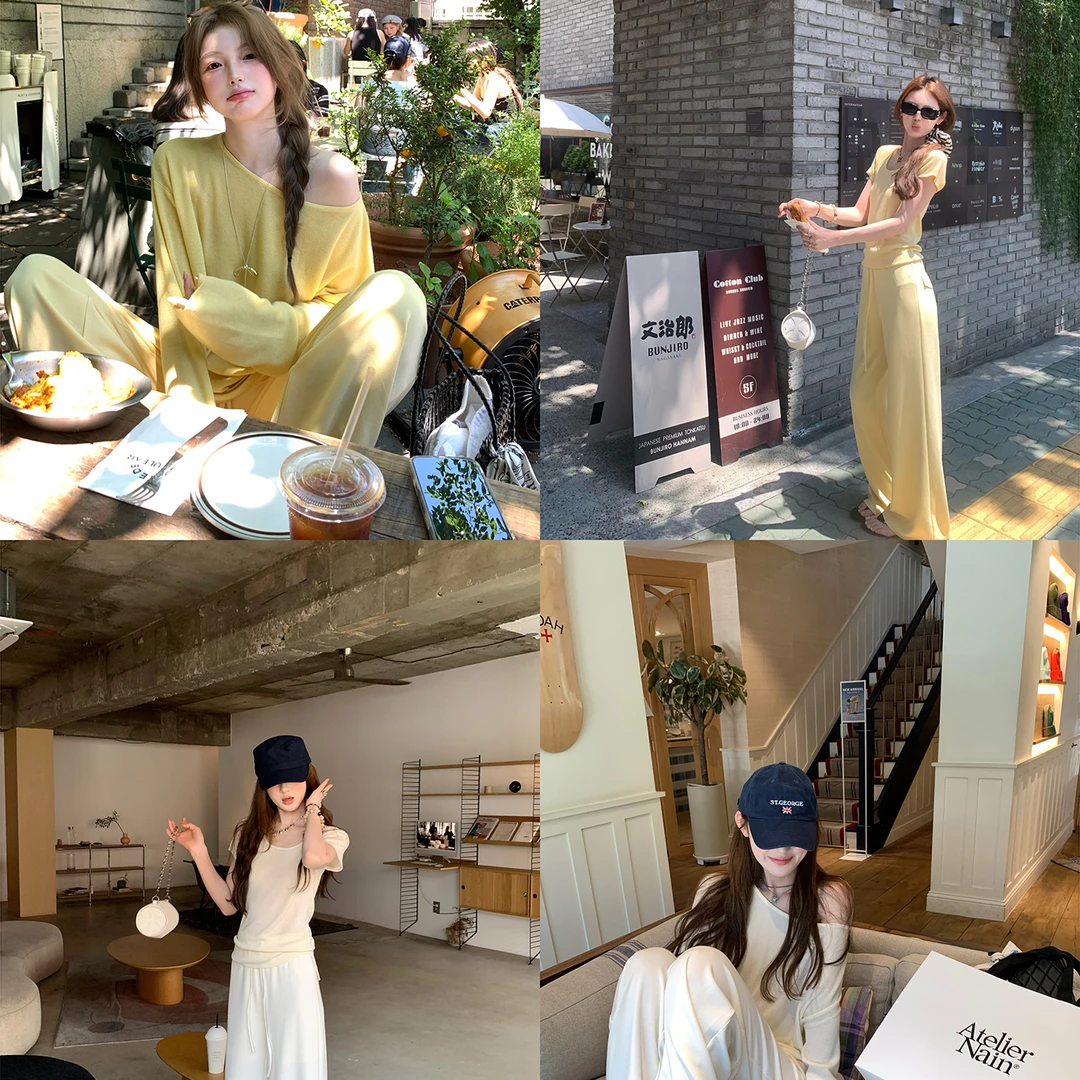 aaaaxbbb Wool Echo 奶皮亲肤套装宽松短袖长袖上衣休闲裤长裤女